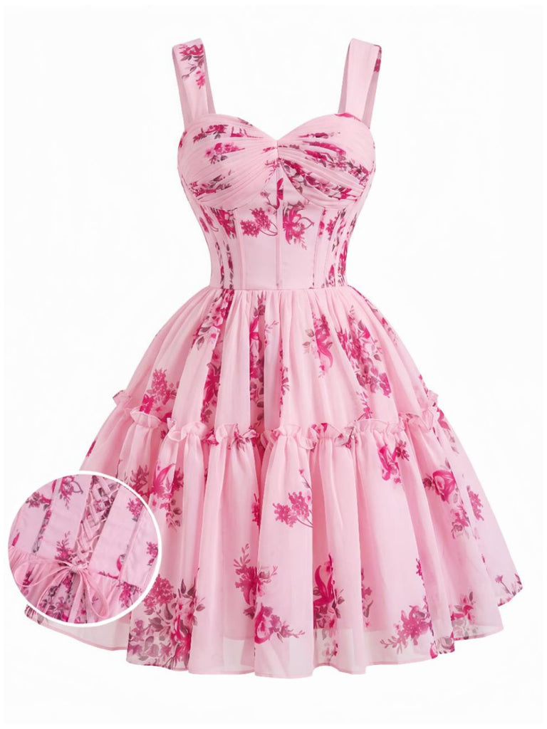 Rosa 50er Tutu-Kleid mit Streublumen und Korsett
