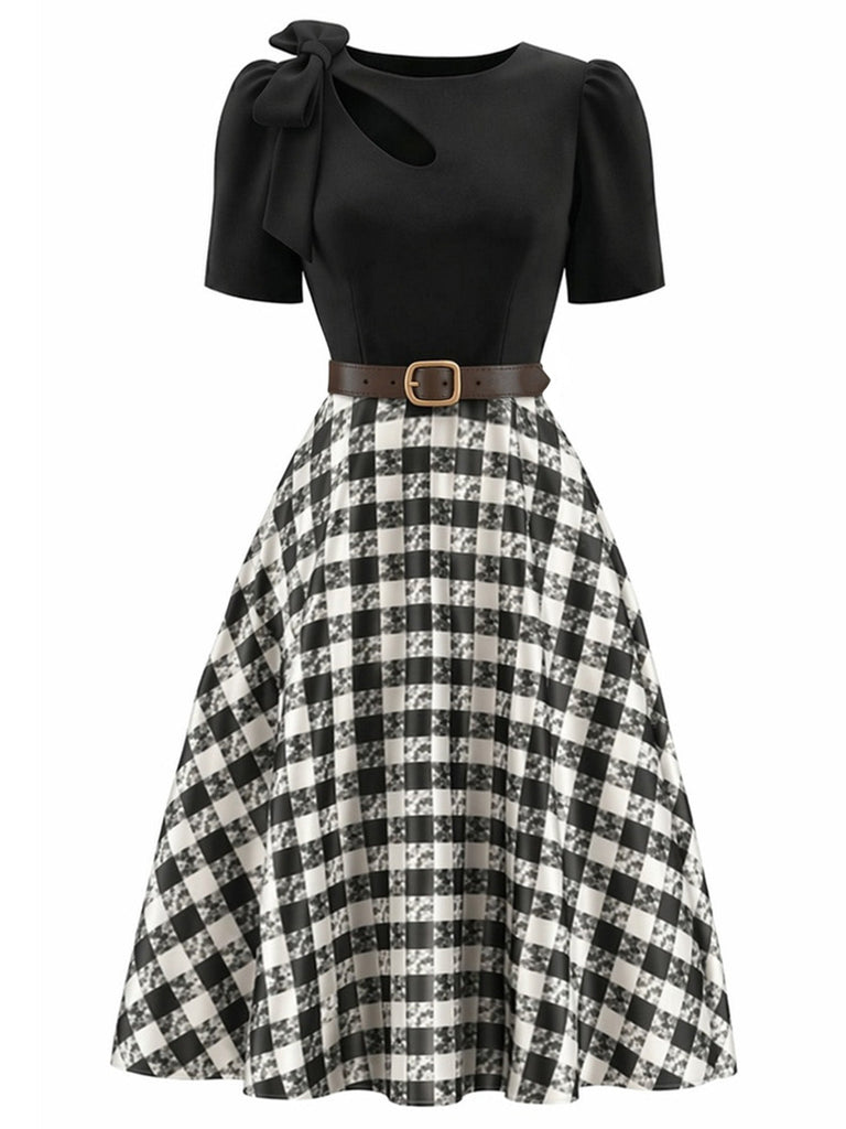 50er Puffärmelkleid mit kariertem Rockteil und Schleifen-Cut-out