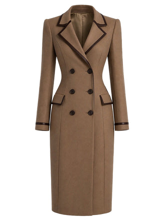 Brauner 50er Mantel mit Doppelknopfleiste und Lederbesatz