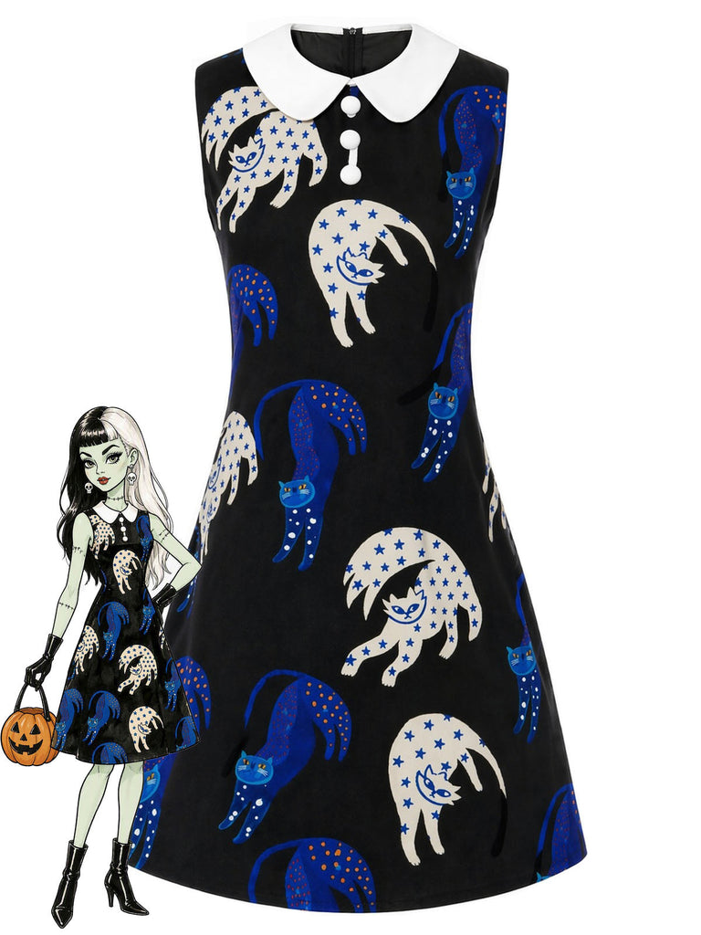 Schwarzes 60er Kleid mit Peter-Pan-Kragen und Print