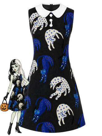 Schwarzes 60er Kleid mit Peter-Pan-Kragen und Print