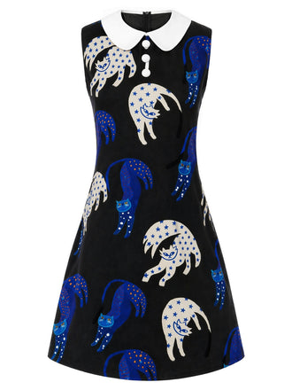 Schwarzes 60er Kleid mit Peter-Pan-Kragen und Print