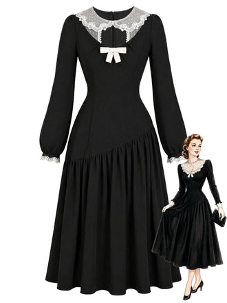 Schwarzes 50er Kleid mit transparentem Spitzenkragen und Schleife