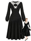 [Vorverkauf] Schwarzes 50er Kleid mit transparentem Spitzenkragen und Schleife