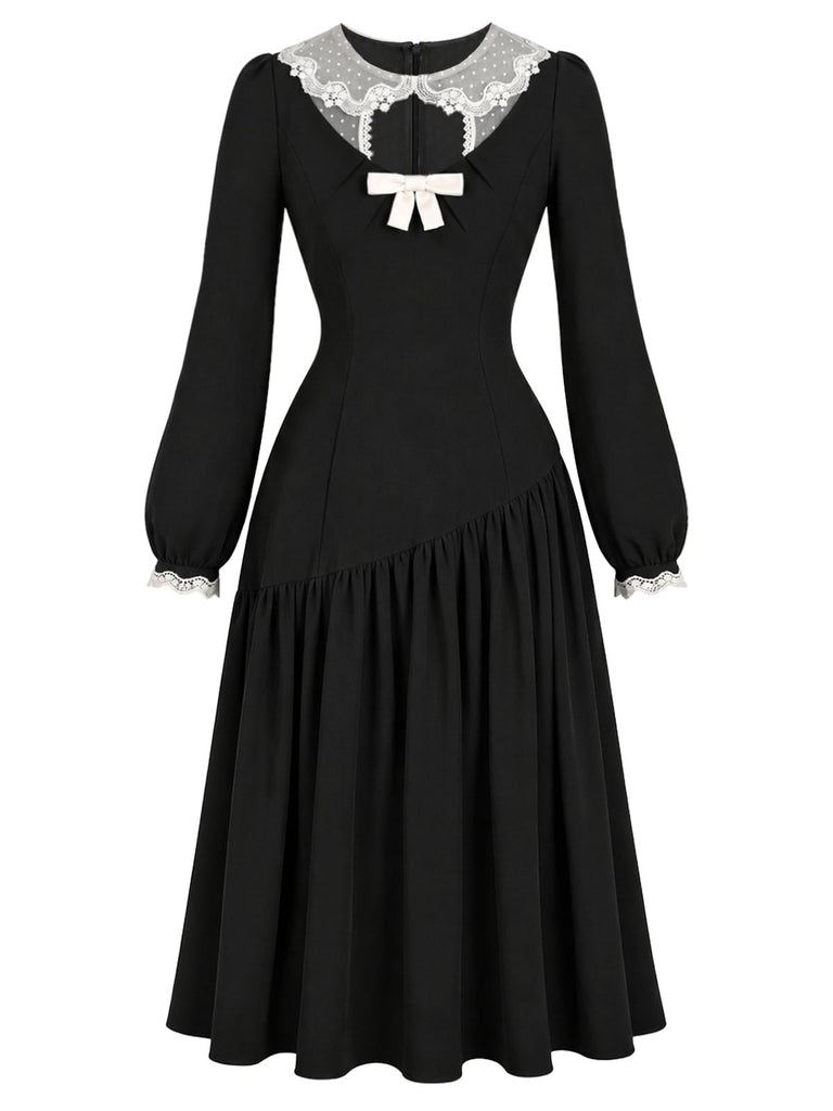 Schwarzes 50er Kleid mit transparentem Spitzenkragen und Schleife