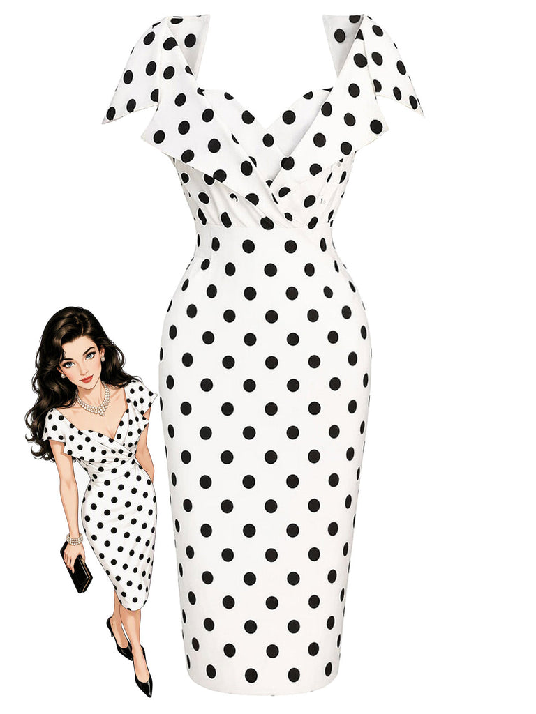 Weißes 60er Bleistiftkleid mit Polka-Dots und Umschlagkragen