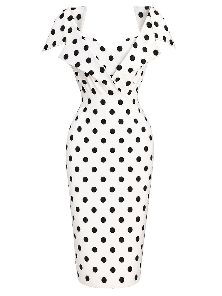 Weißes 60er Bleistiftkleid mit Polka-Dots und Umschlagkragen