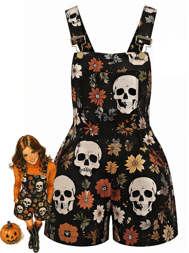 70er Overall-Romper mit Totenkopf- und Daisy-Print