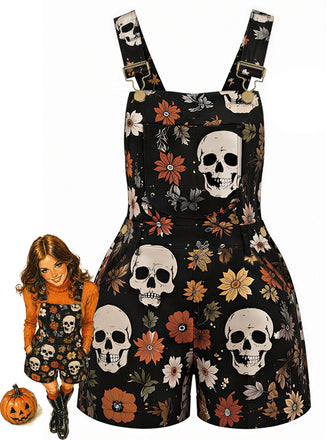 70er Overall-Romper mit Totenkopf- und Daisy-Print