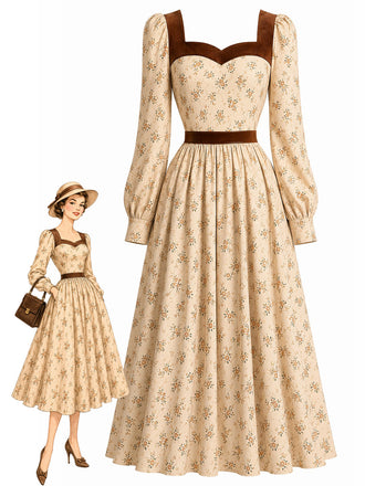 30er Herzausschnitt-Kleid mit Samtbesatz und Blumen