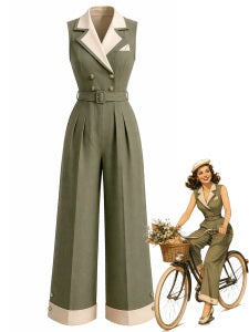 30er Ärmelloses Jumpsuit mit Reverskragen und Knopf