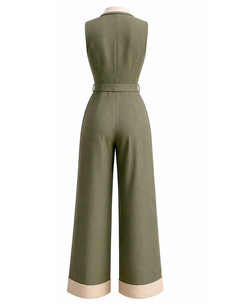30er Ärmelloses Jumpsuit mit Reverskragen und Knopf