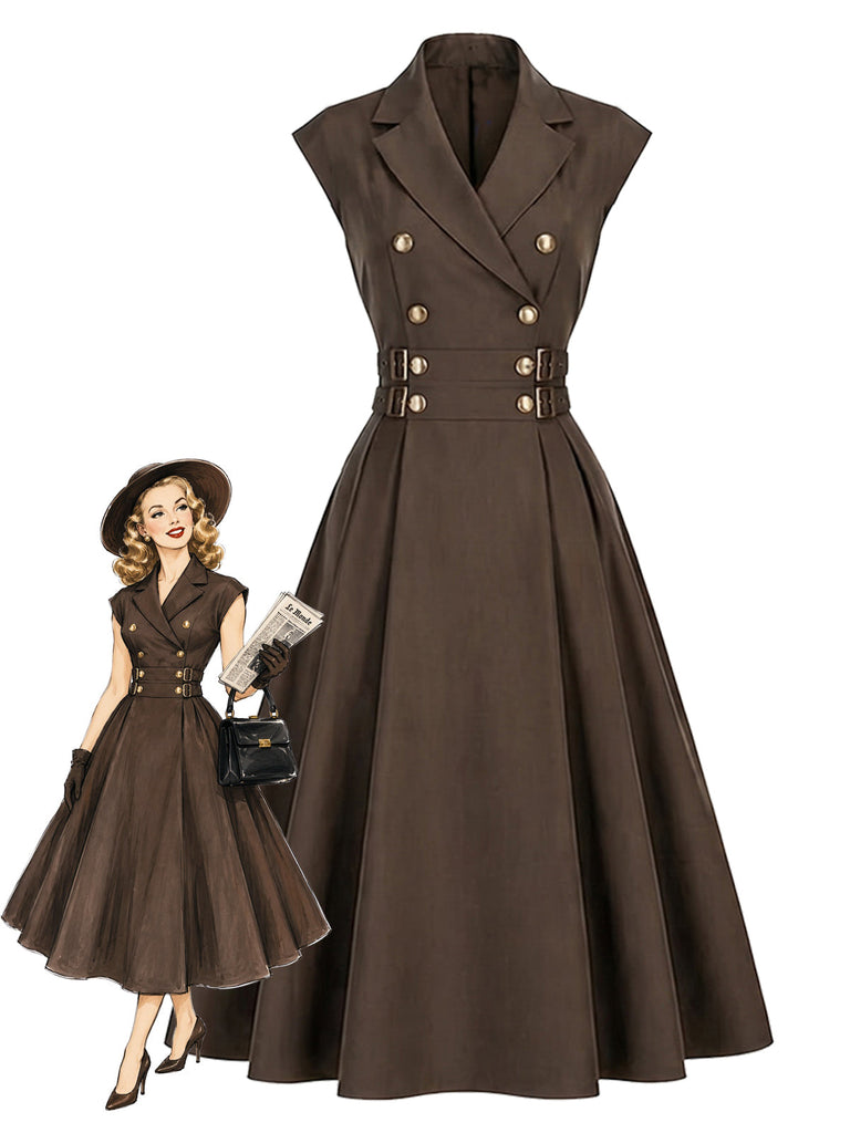 Braunes 40er Kleid mit Reverskragen und Gürtel