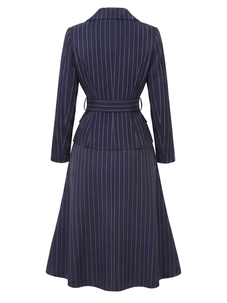 Blaues 60er Nadelstreifen-Set aus Blazer und Rock