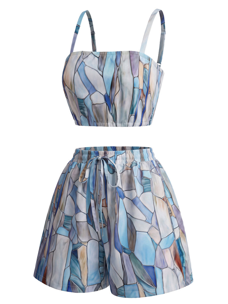 70er Geometrie-Set mit Crop-Top und Shorts
