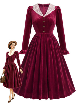 50er Samt-Midikleid mit Spitzenkragen und Rüschenärmeln