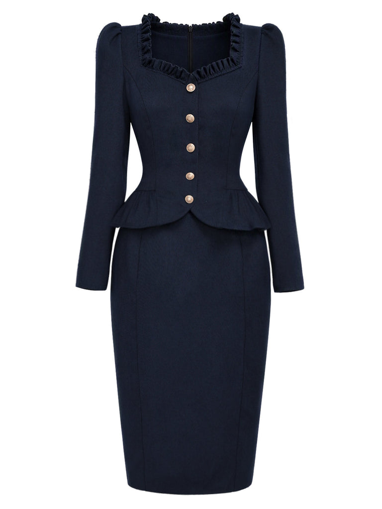 Dunkelblaues 50er Blazer-Bleistiftkleid mit Rüschenkragen