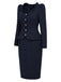 Dunkelblaues 50er Blazer-Bleistiftkleid mit Rüschenkragen