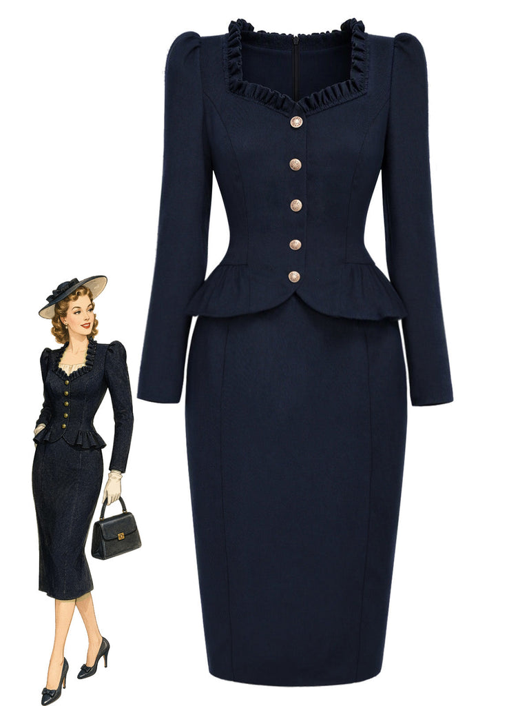 Dunkelblaues 50er Blazer-Bleistiftkleid mit Rüschenkragen