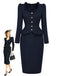 Dunkelblaues 50er Blazer-Bleistiftkleid mit Rüschenkragen