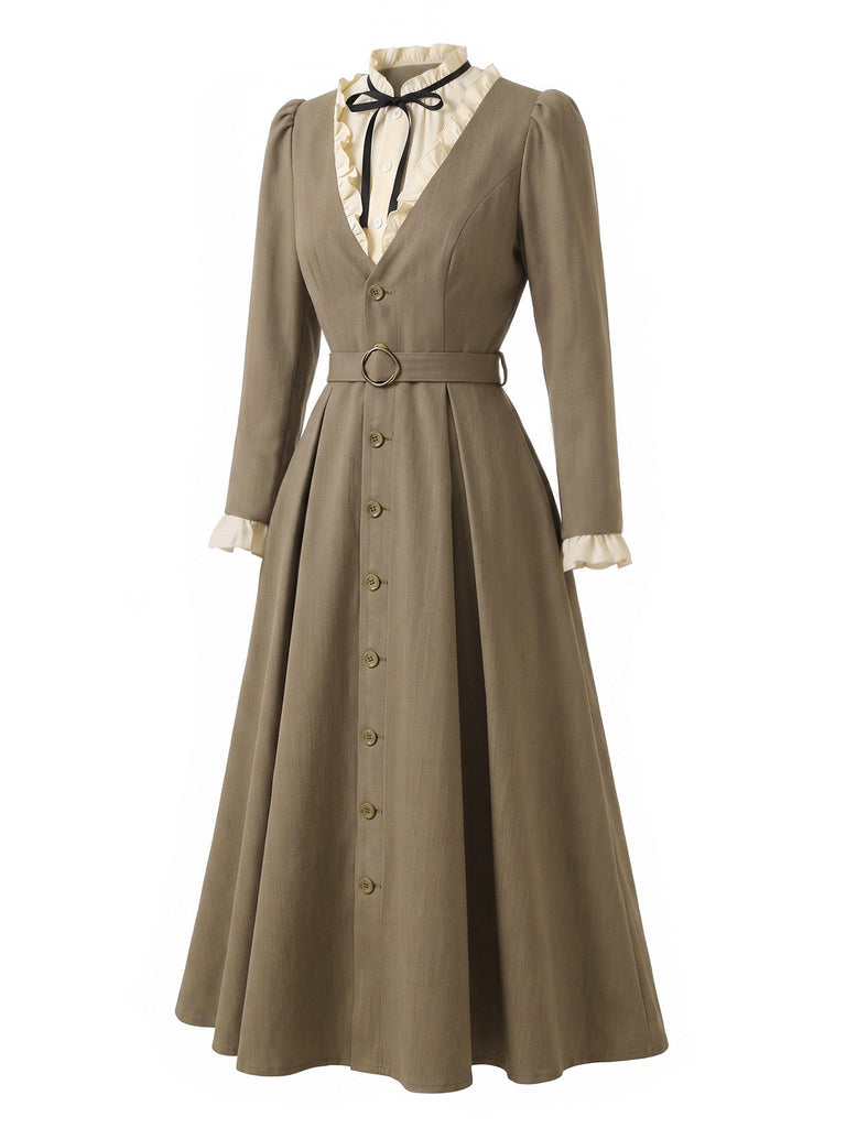 Braunes 40er Kleid im Zweiteiler-Look mit Rüschen