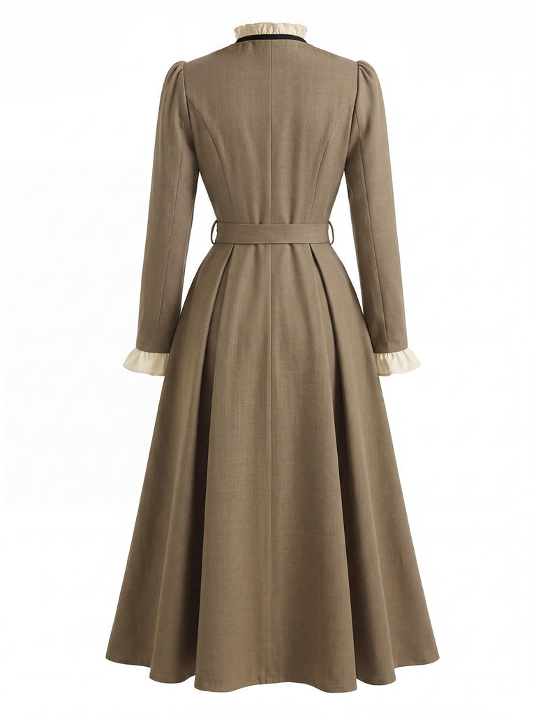 Braunes 40er Kleid im Zweiteiler-Look mit Rüschen