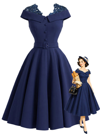 50er Kleid mit Spitzen-Patchwork und Carmen-Ausschnitt