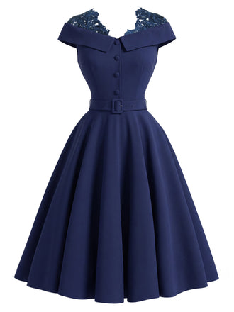 50er Kleid mit Spitzen-Patchwork und Carmen-Ausschnitt
