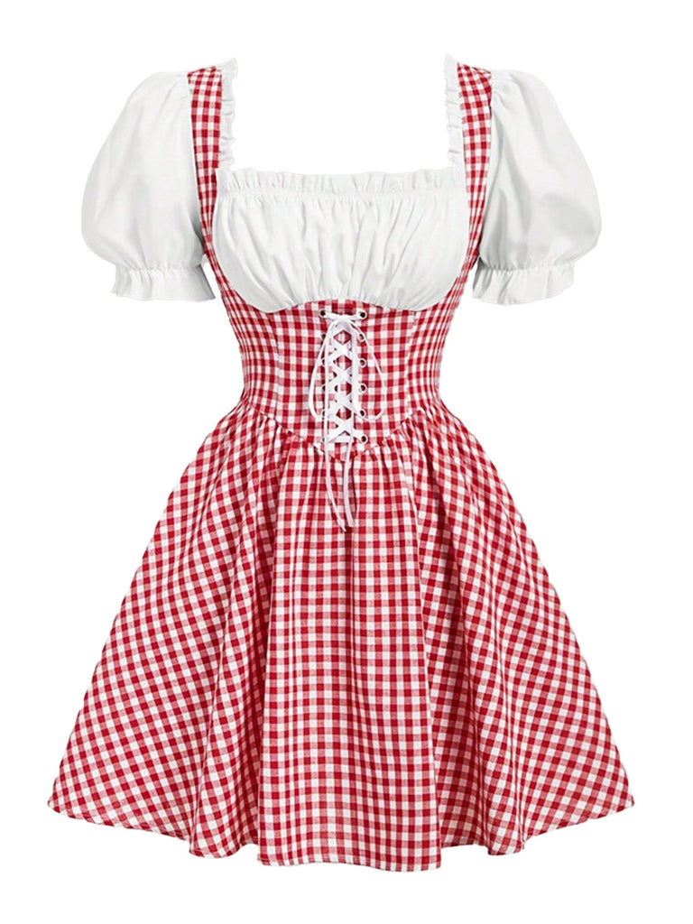 Rot-weißes 50er Gingham-Kleid mit Raffungen und Schnürung