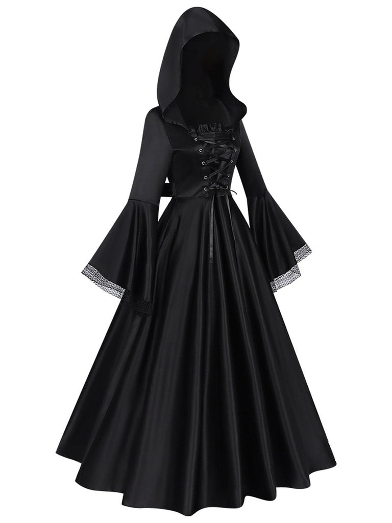 Schwarzes 70er Hexenkleid mit Kapuze und Mittelalter-Look