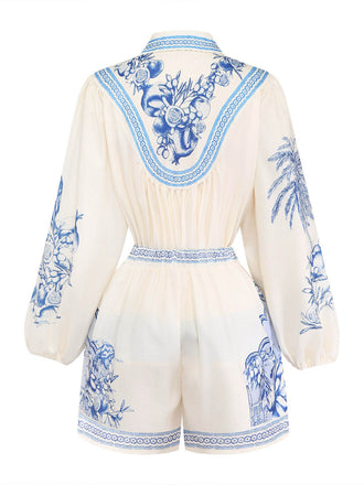 50er Set aus Langarmtop & Shorts mit Porzellan-Blumenprint