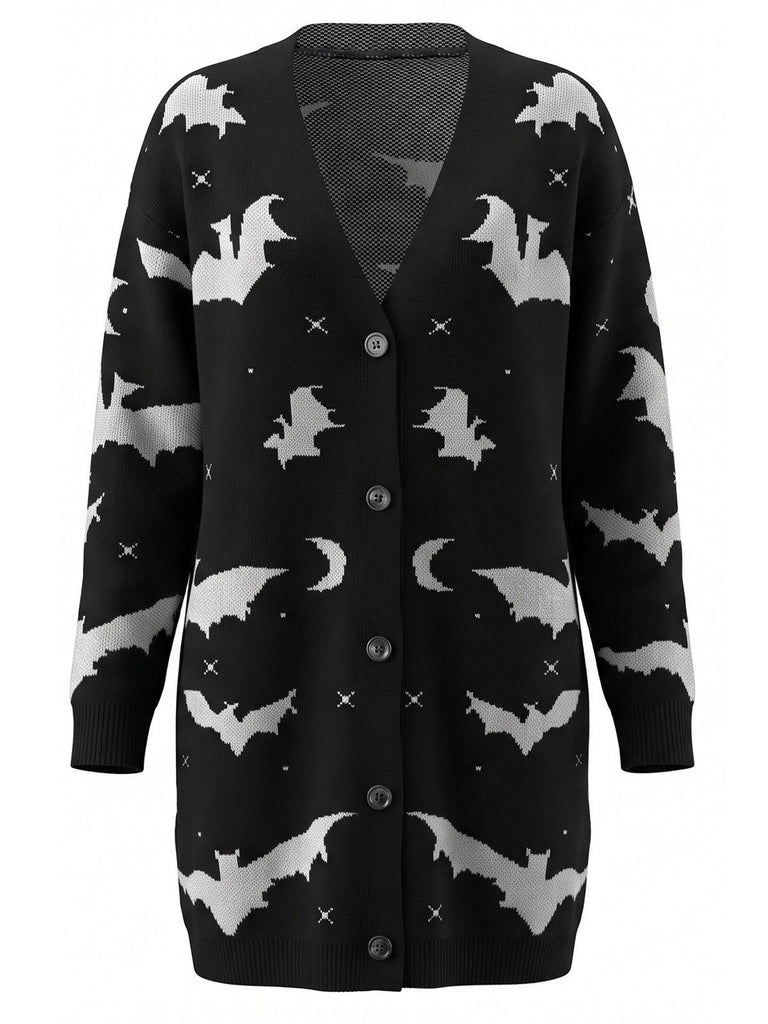 70er Halloween Cardigan mit Fledermaus und Mond