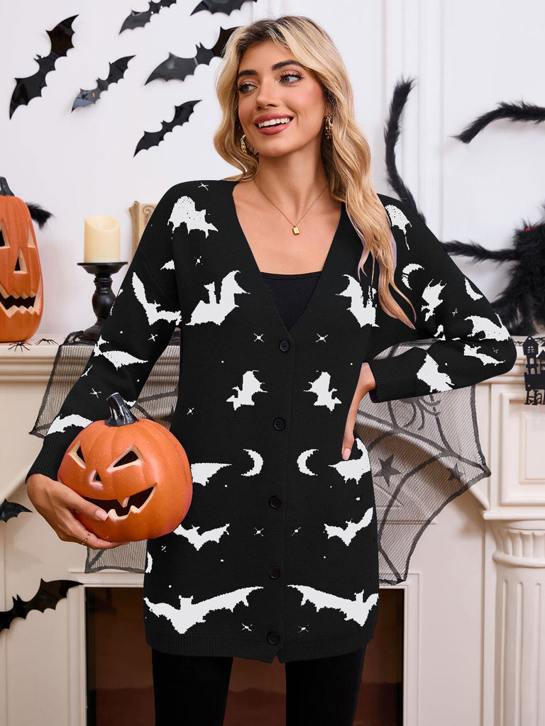Orangefarbener 70er Halloween Cardigan mit Fledermaus und Mond