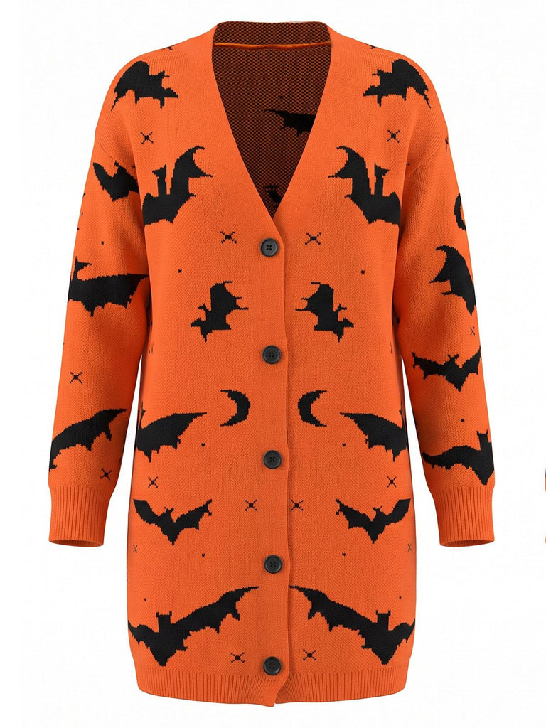 70er Halloween Cardigan mit Fledermaus und Mond