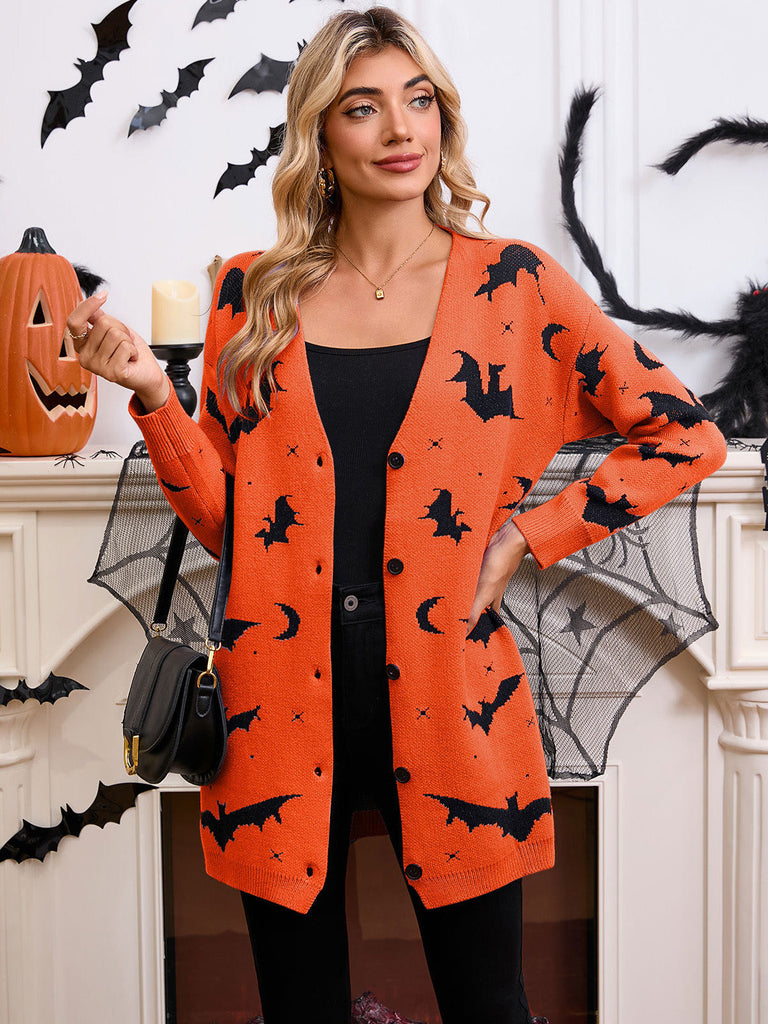 Orangefarbener 70er Halloween Cardigan mit Fledermaus und Mond