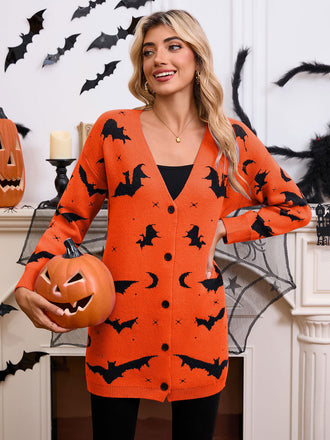 Orangefarbener 70er Halloween Cardigan mit Fledermaus und Mond