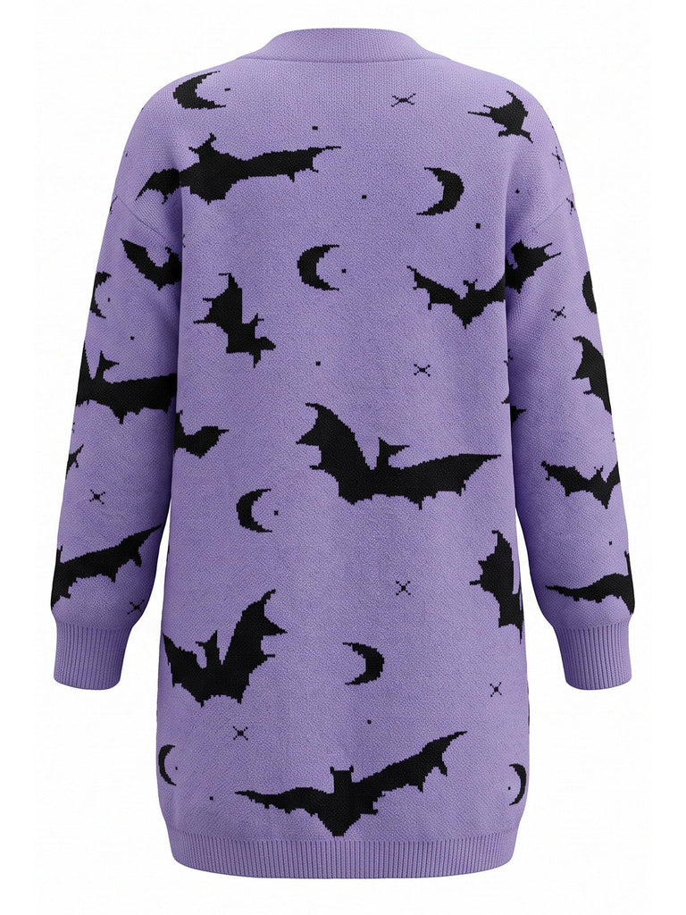 Orangefarbener 70er Halloween Cardigan mit Fledermaus und Mond