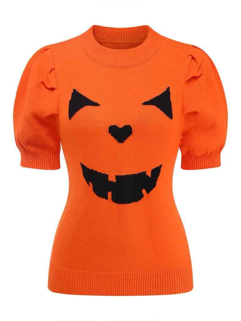 Orangefarbener 70er Halloween-Strickpullover mit Kürbisgesicht