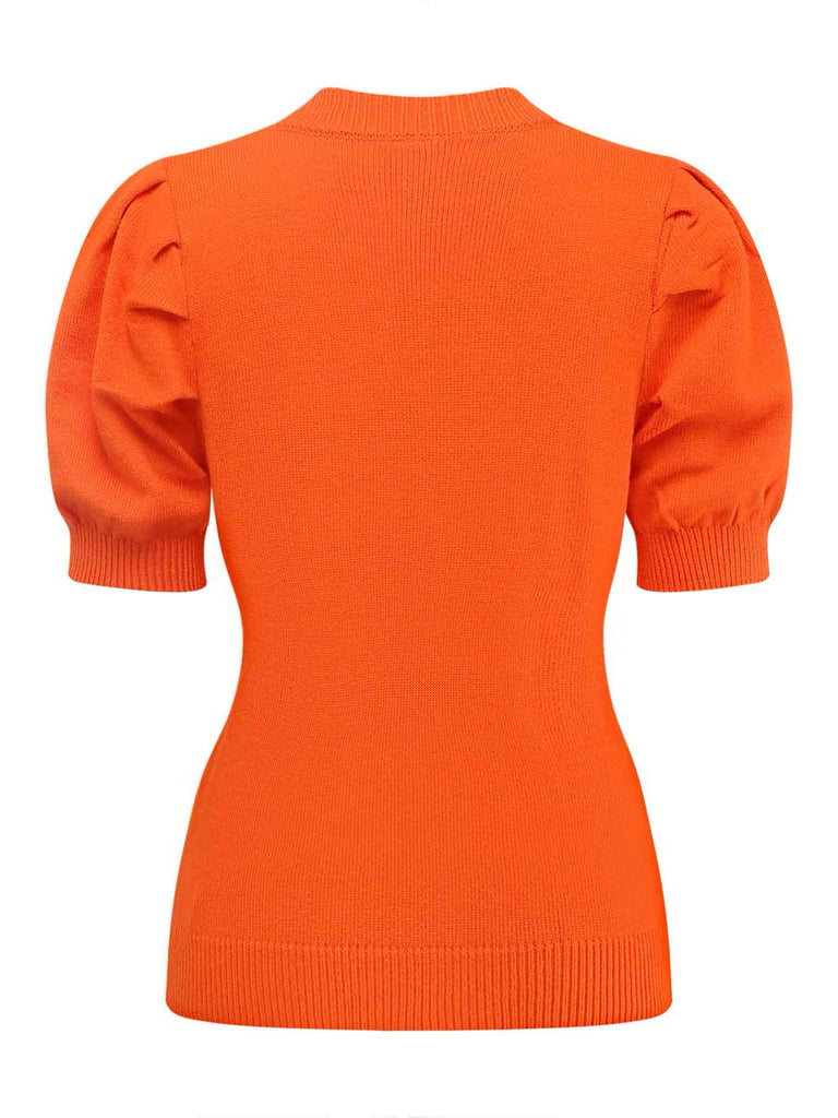 Orangefarbener 70er Halloween-Strickpullover mit Kürbisgesicht