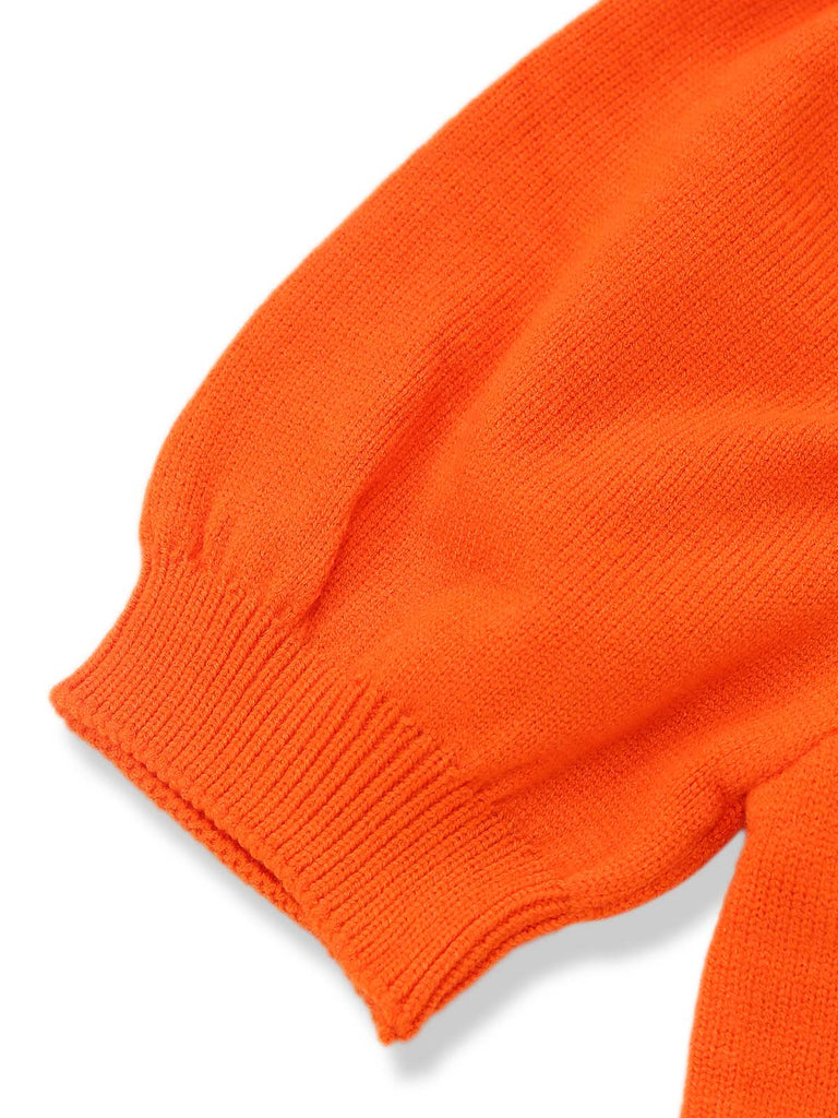 Orangefarbener 70er Halloween-Strickpullover mit Kürbisgesicht