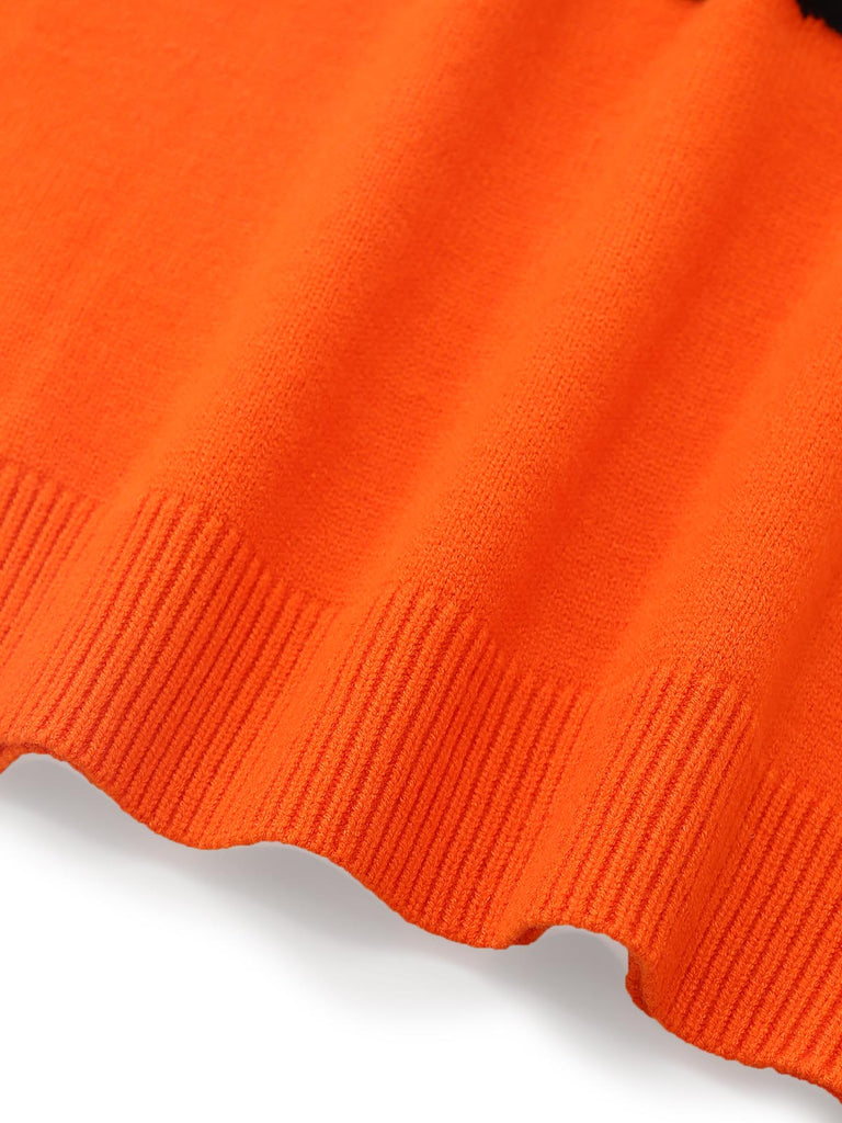 Orangefarbener 70er Halloween-Strickpullover mit Kürbisgesicht