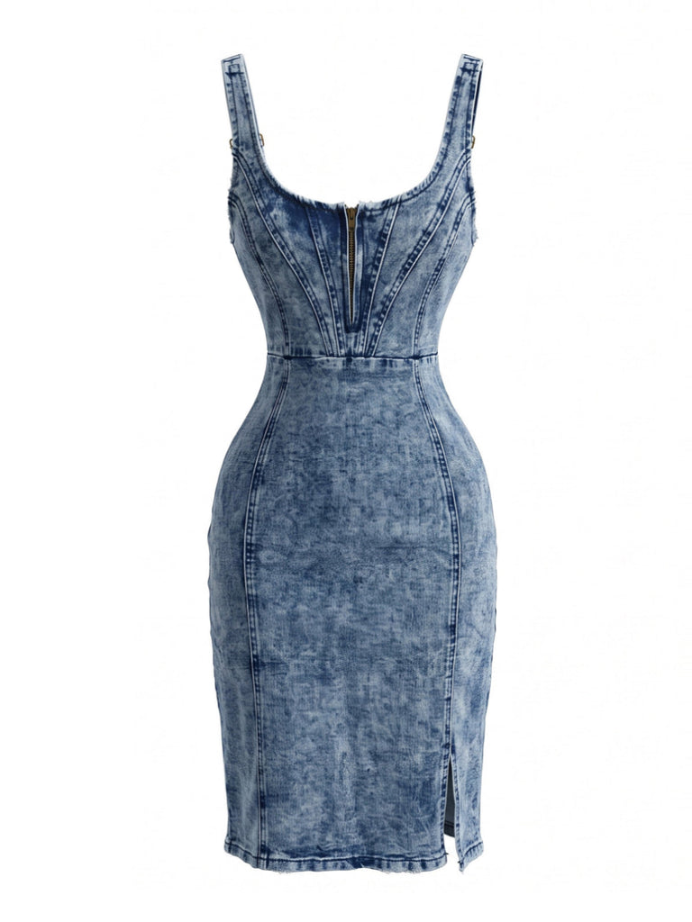 70er Denim-Bodycon-Kleid mit U-Ausschnitt und Schlitz