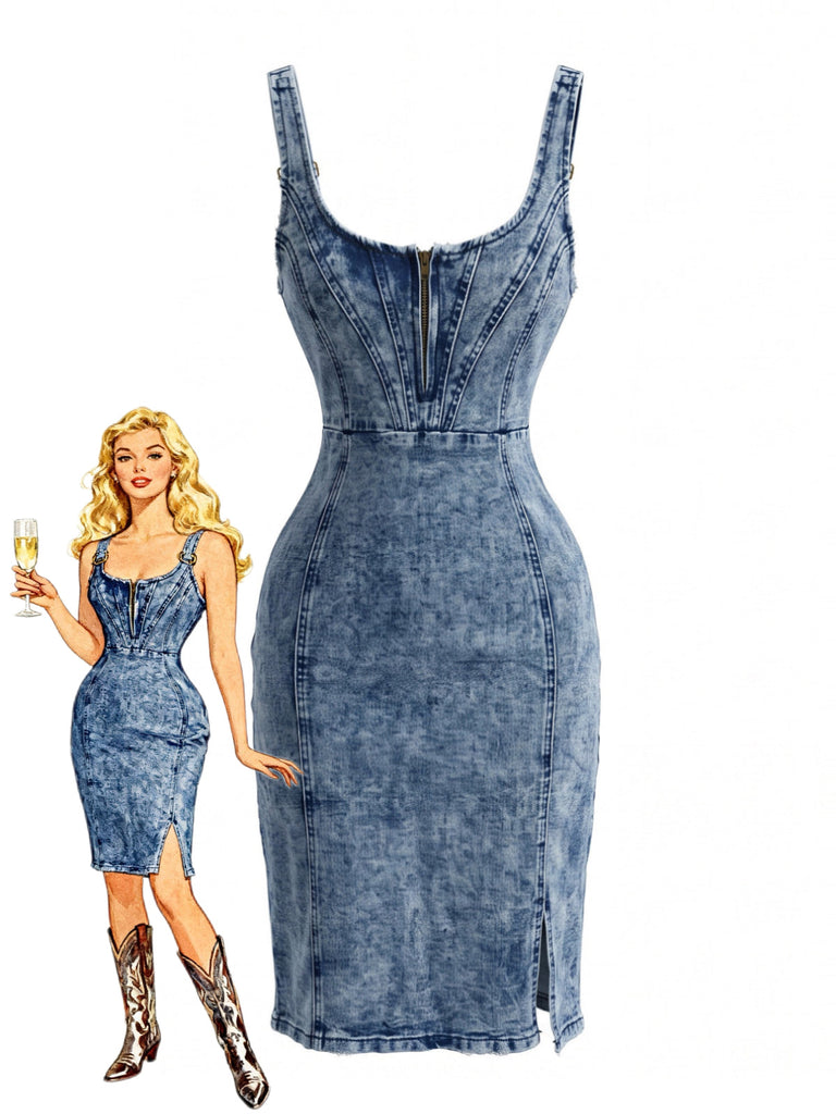 70er Denim-Bodycon-Kleid mit U-Ausschnitt und Schlitz