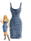 70er Denim-Bodycon-Kleid mit U-Ausschnitt und Schlitz