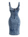 70er Denim-Bodycon-Kleid mit U-Ausschnitt und Schlitz