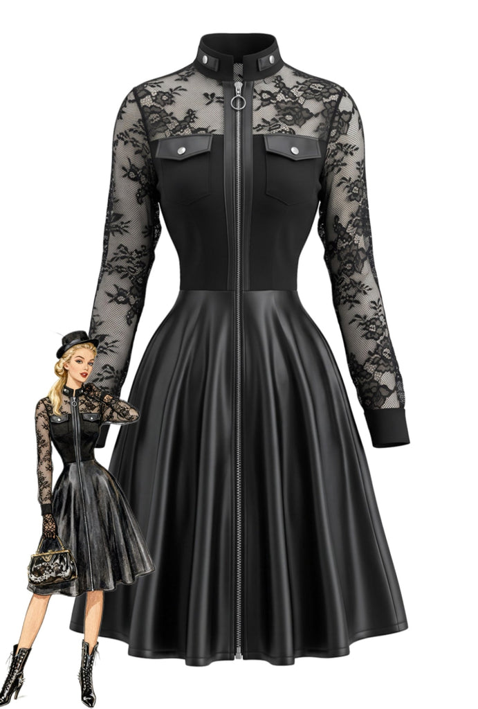 Schwarzes 80er Leder-Kleid mit Langarm und Spitze