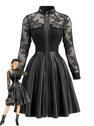 Schwarzes 80er Lederkleid mit Spitze und langen Ärmeln