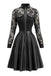 Schwarzes 80er Leder-Kleid mit Langarm und Spitze