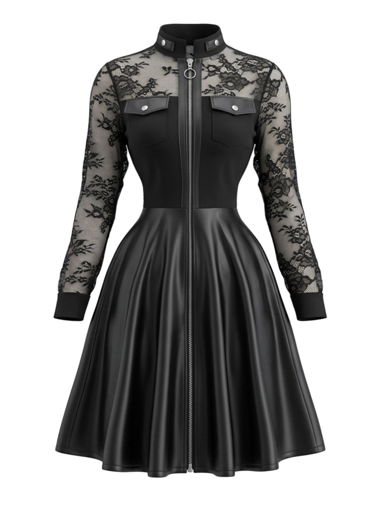 Schwarzes 80er Lederkleid mit Spitze und langen Ärmeln