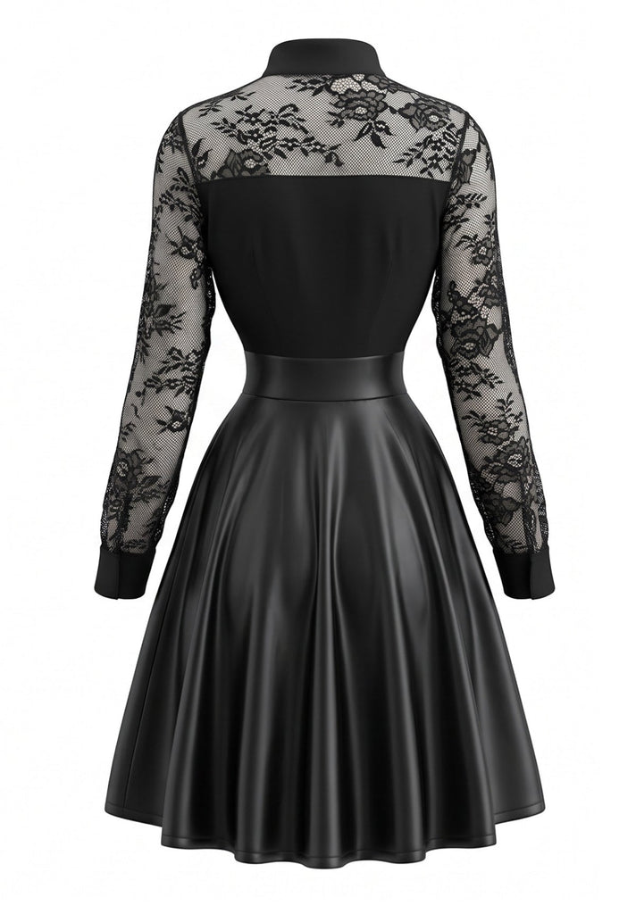 Schwarzes 80er Leder-Kleid mit Langarm und Spitze